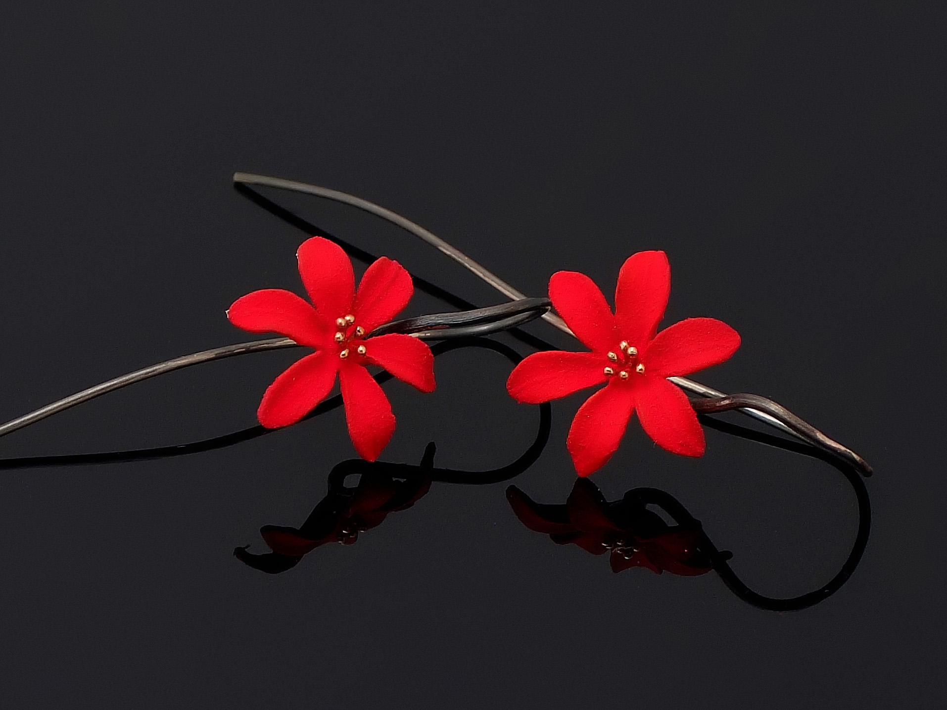 Handmade earrings with red matte enamel